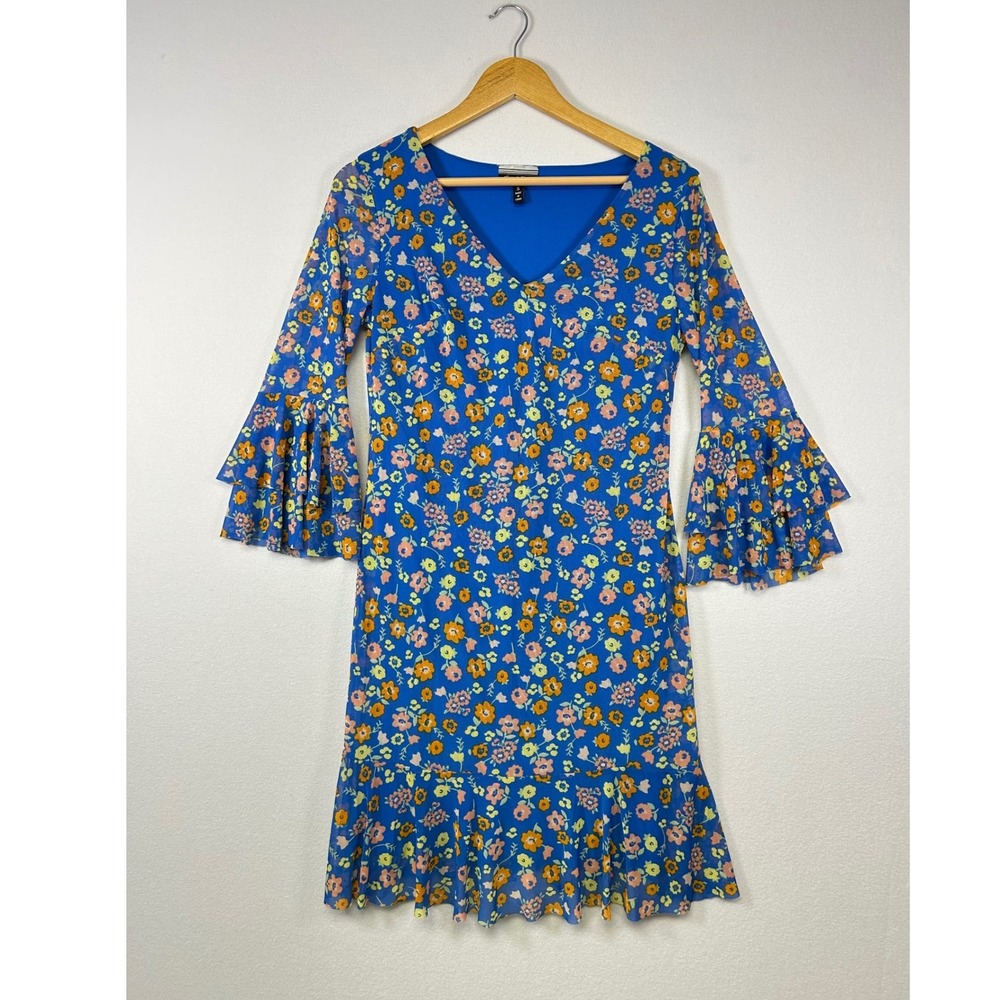 70s Style Flower Power Allison Brittney Floral Mesh Dress Small Blue Bell Sleeve